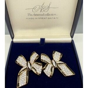 A&S Atwood Collection Gold Tone Black & Rhinestone Bow Statement Earrings